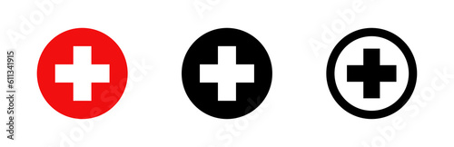 Red cross icon.  Medicine, health icons. Red cross emergency medicine sign. First aid sign.	
