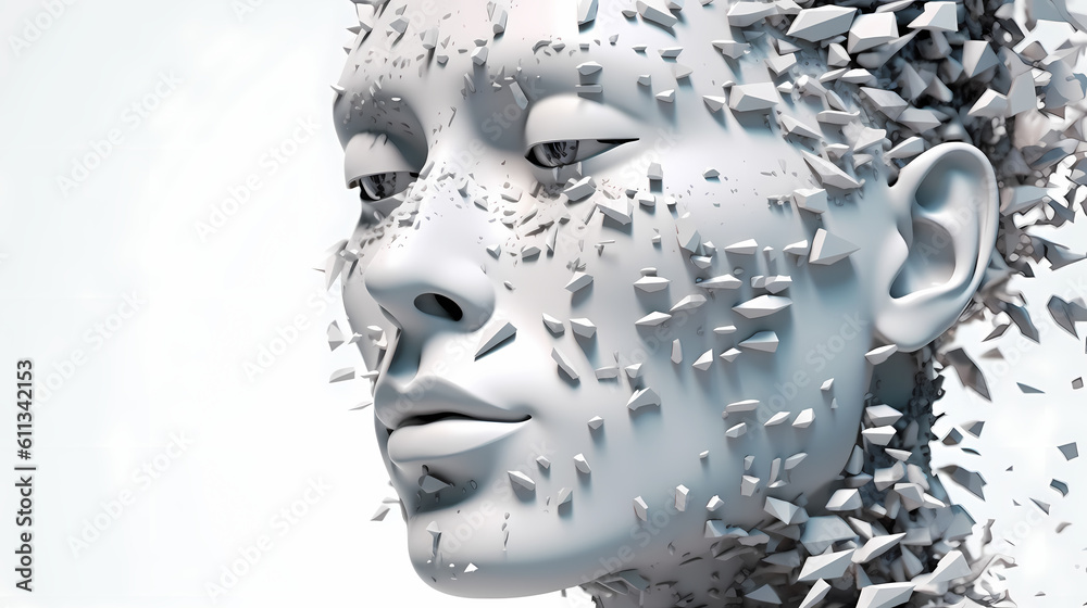 3D Render. Human face transforming to robot. AI technology, white background, digitalism, technology of the future. Generative AI 3D Render. Human face transforming to robot. AI technology, white background, digitalism, technology of the future. Generative AI