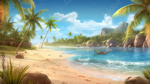 Escape to a tropical paradise with ultra detail HD backgrounds that capture the essence of sunny beach. The scene reveals a breathtaking coastal panorama, beach with coconut trees, Generative AI © Ameer
