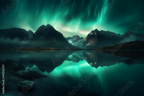 Aurora lights shining over a lake by Generative AI © Tom
