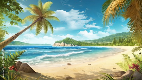 Escape to a tropical paradise with ultra detail HD backgrounds that capture the essence of sunny beach. The scene reveals a breathtaking coastal panorama  tree on the beach  Generative AI