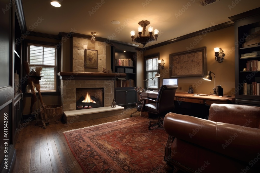 cozy home office with fireplace and cozy sofa for ultimate comfort, created with generative ai