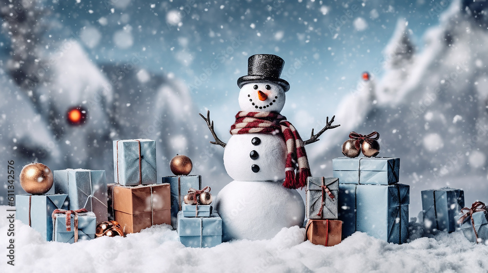 Obraz premium Christmas banner of gift boxes on snow outside with snowman, Generative AI