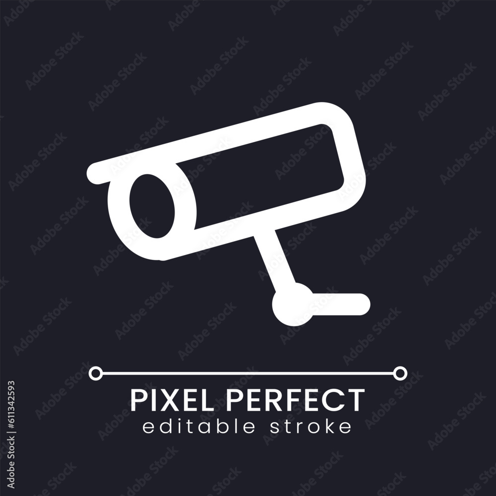 Surveillance pixel perfect white linear ui icon for dark theme. CCTV. Security technology. Vector line pictogram. Isolated user interface symbol for night mode. Editable stroke. Poppins font used Surveillance pixel perfect white linear ui icon for dark theme. CCTV. Security technology. Vector line pictogram. Isolated user interface symbol for night mode. Editable stroke. Poppins font used