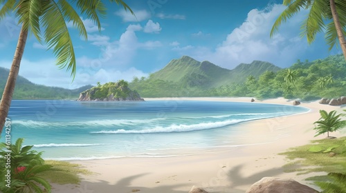 Escape to a tropical paradise with ultra detail HD backgrounds that capture the essence of sunny beach. The scene reveals a breathtaking coastal panorama  beach with palm tree  Generative AI
