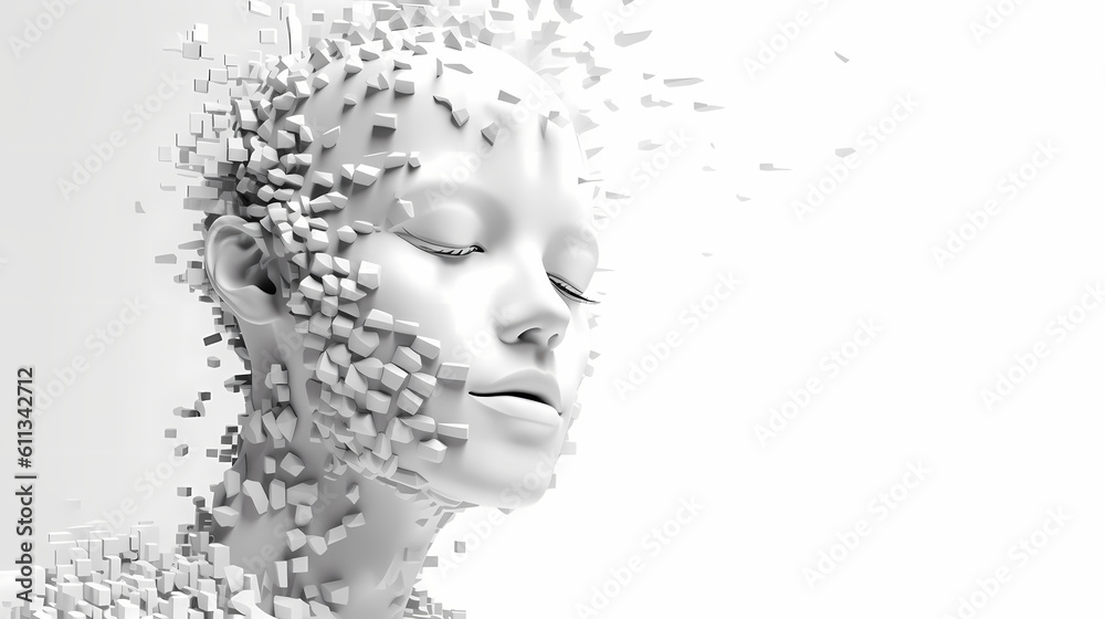 3D Render. Human face transforming to robot. AI technology, white background, digitalism, technology of the future. Generative AI