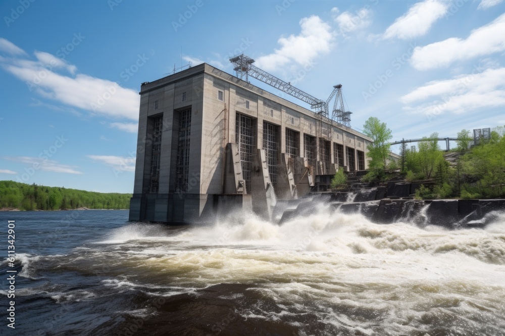 view of towering hydroelectric power plant with the rushing water in full view, created with generative ai