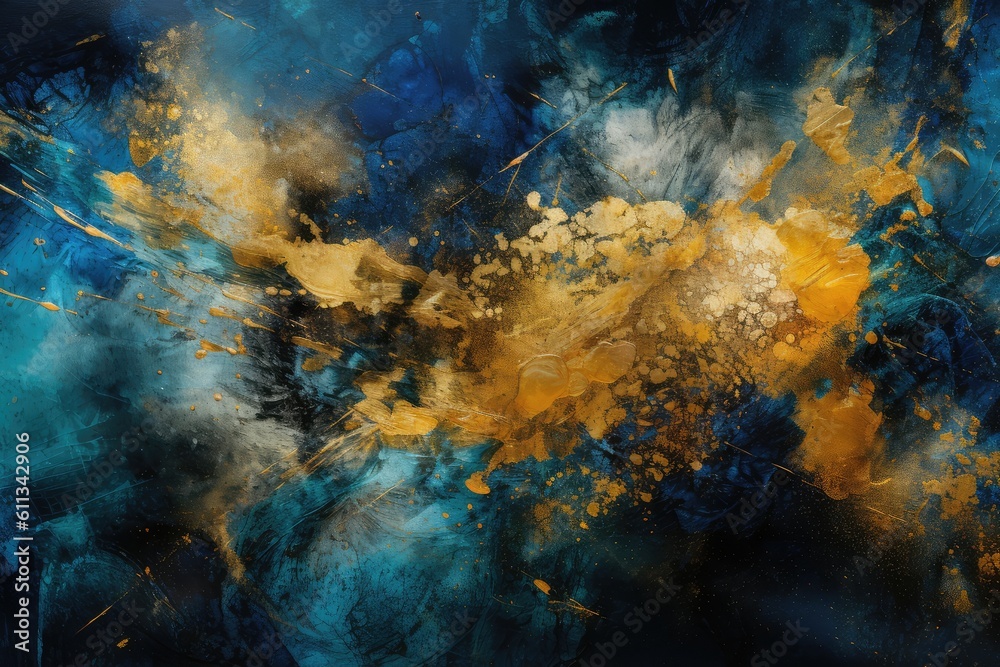 Gold and dark blue paint on canvas, abstract painted background. Generative AI