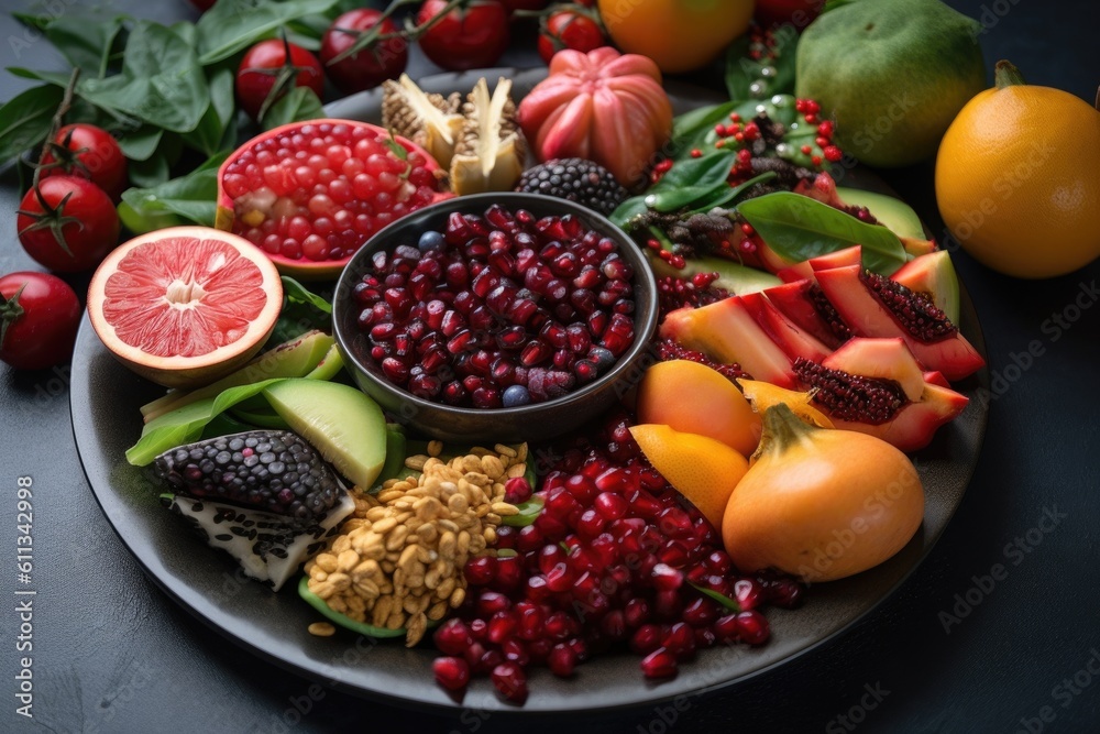 close-up of plate with variety of fruits, vegetables and spices for a nutritious and immunity-boosting meal, created with generative ai