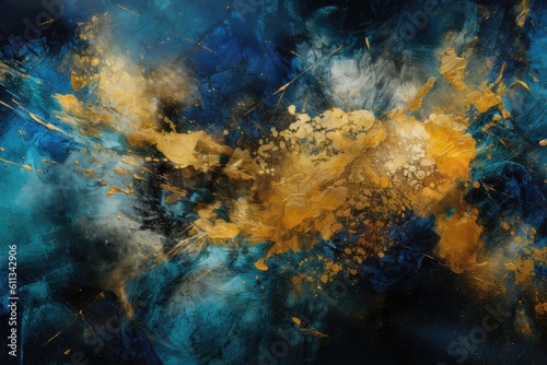Gold and dark blue paint on canvas, abstract painted background. Generative AI © masharinkaphotos
