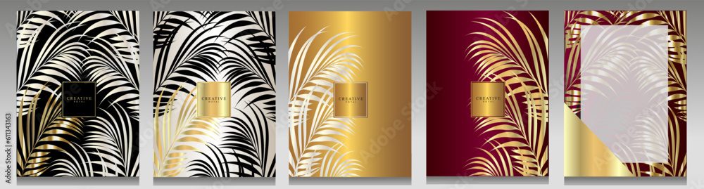 Luxury tropical cover set. Golden and white palm leaves, metallic ...