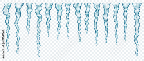 Set of realistic translucent icicles of different lengths in light blue colors on transparent background. Transparency only in vector format