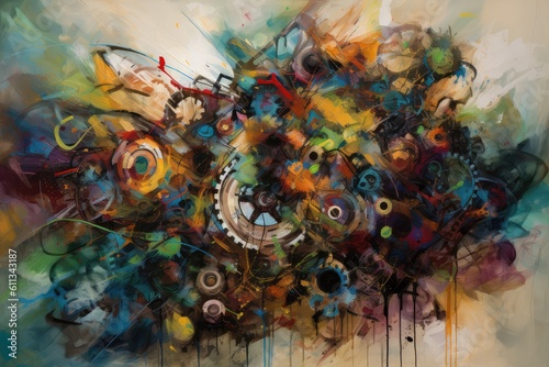 Drawing paints on wall of gears of mechanism. Generative AI