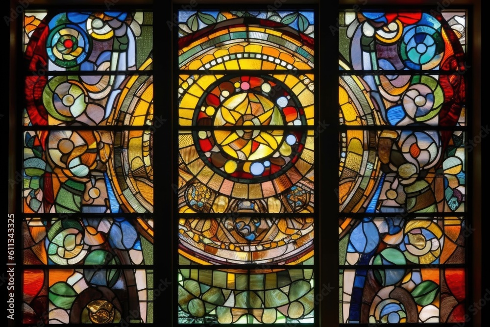 stained glass window with mosaic of intricate shapes and colors, created with generative ai