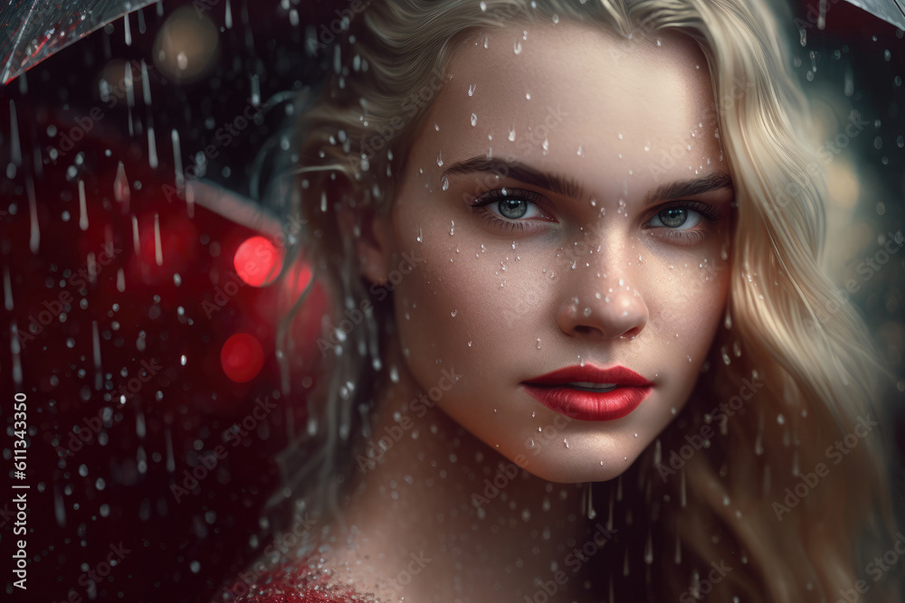 Beautiful blonde woman under an umbrella in the rain. Photorealistic illustration generative AI. Beautiful blonde woman under an umbrella in the rain. Photorealistic illustration generative AI.