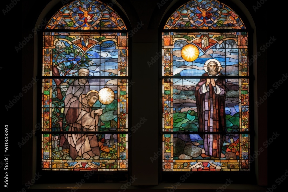 two-panel mosaic and stained glass window, with religious figures depicted in both panels, created with generative ai