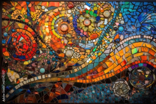 abstract mosaic and stained glass artwork, with bursts of colorful shapes and lines, created with generative ai
