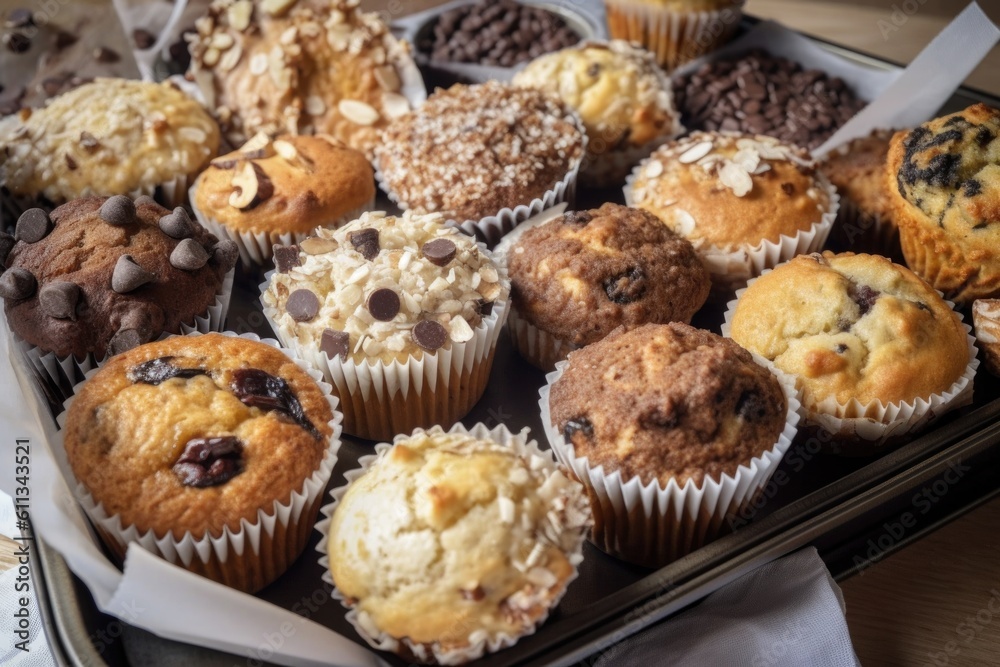 a tray of perfectly baked muffins, topped with a variety of mix-in options, created with generative ai