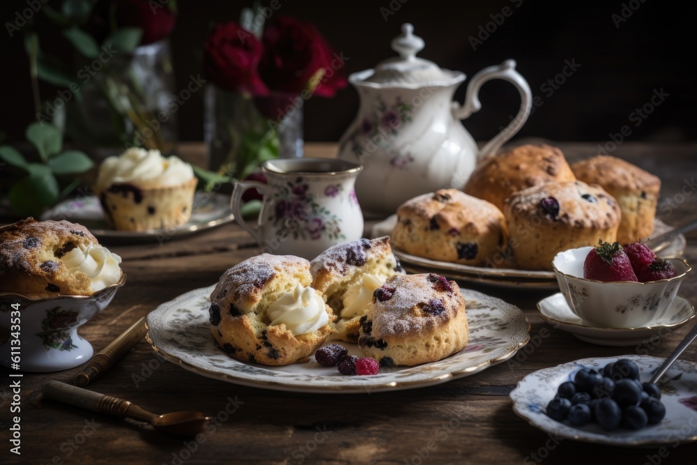 an afternoon tea party, with scones and muffins served on delicate plates, created with generative ai an afternoon tea party, with scones and muffins served on delicate plates, created with generative ai