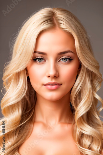 Blonde girl with long and shiny wavy hair on grey background. Beautiful model with curly hairstyle. Generative AI.