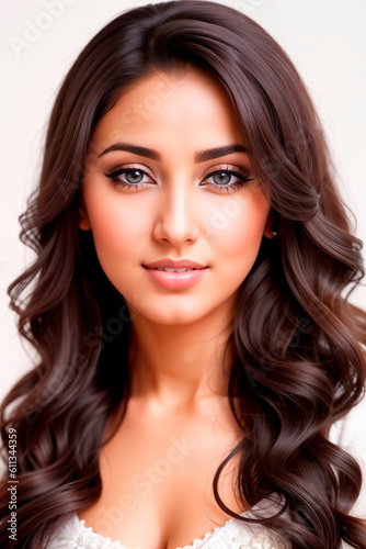 Arabic brunette girl with long and shiny wavy hair. Beautiful model with curly hairstyle. Generative AI.