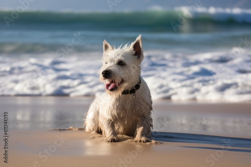 portrait of happy dog sitting on colorful beach, with rolling waves in the background, created with generative ai © Alfazet Chronicles