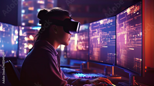 Computer programmer testing virtual reality simulator glasses opposite the screens with the program code