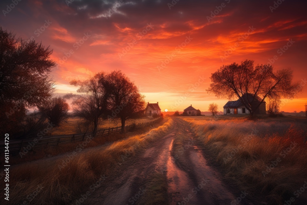 rural landscape with sunset, featuring orange and red hues, created with generative ai rural landscape with sunset, featuring orange and red hues, created with generative ai