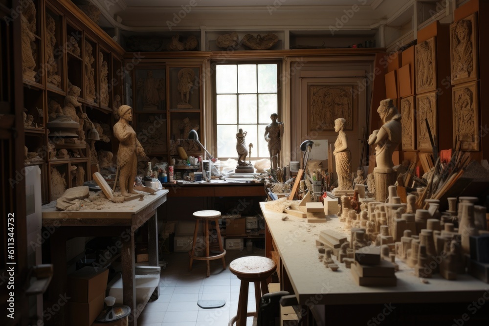 sculptor's studio, with tools and materials for creating unique figurines, created with generative ai