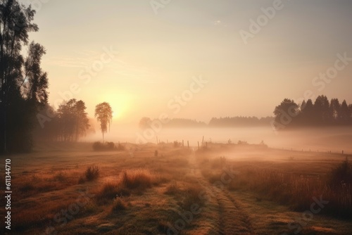 rural landscape with misty morning fog, sunrise in the distance, created with generative ai