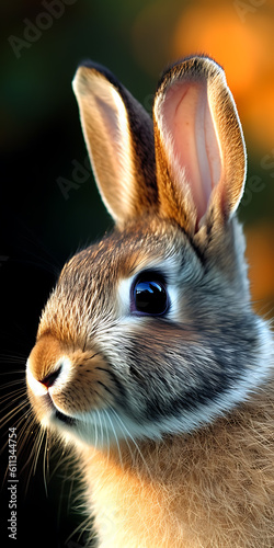 Half-profile of a rabbit against a black background. 
