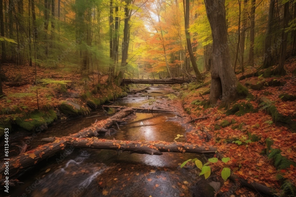Fototapeta premium autumn forest hike with vibrant foliage and a trickling stream, created with generative ai