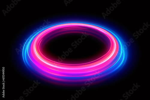 Neon light circle frame on dark background, tech glow background