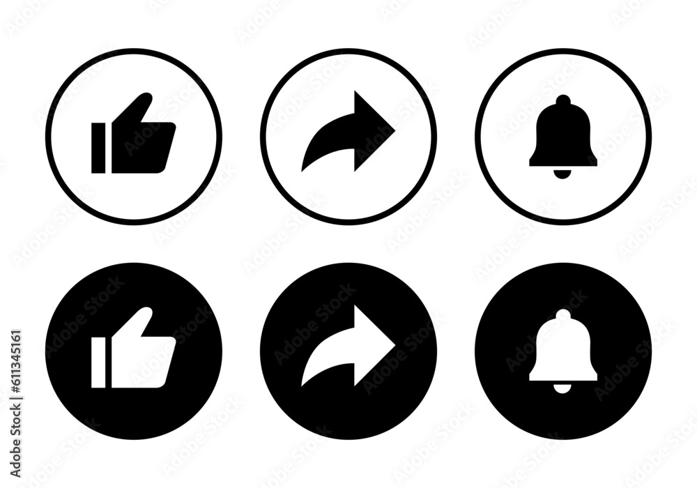 Like, share, and bell icon vector. Elements for channel subscriptions Like, share, and bell icon vector. Elements for channel subscriptions