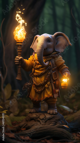 Character of an elephant standing with clothes and a torch in hand. 