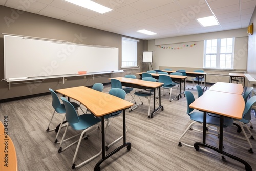 a classroom with modern furniture and interactive whiteboard, perfect for creative learning, created with generative ai