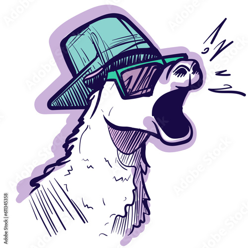 Digital art of a graffiti hip hop llama with sunglasses screaming. Vector of a cool alpaca with a gangsta hat