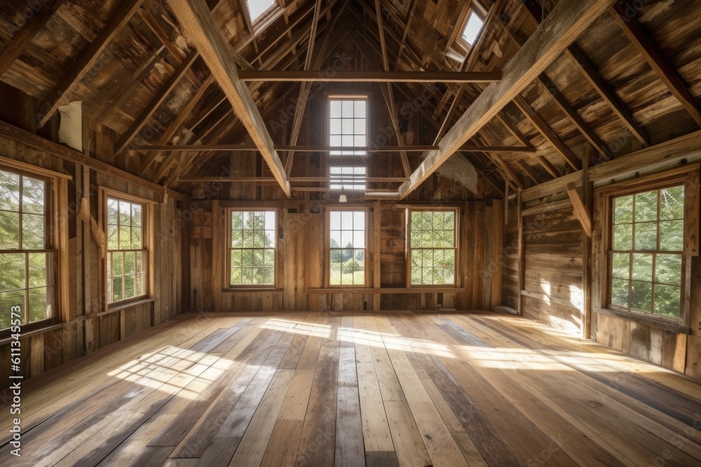 barn with towering windows, bringing in natural light and providing stunning views, created with generative ai