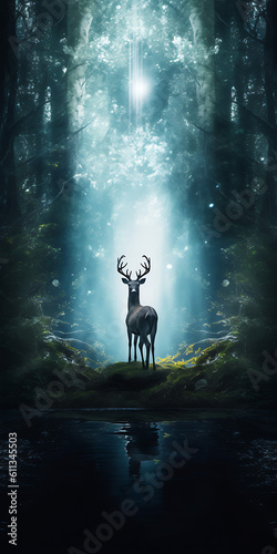 Beautiful deer in the midst of light in the forest. 