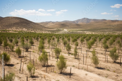 reforestation project in a desert landscape, with the goal of restoring ecosystem balance, created with generative ai