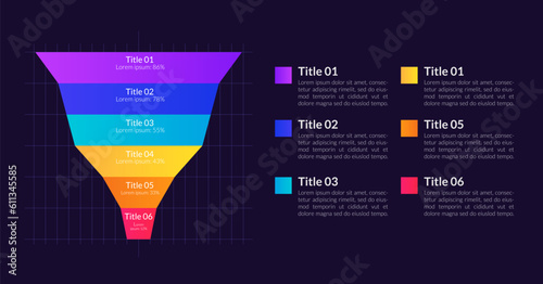 Website conversion infographic funnel chart design template for dark theme. Visitors complete action. Editable infochart with process stages. Visual data presentation. Lato font used