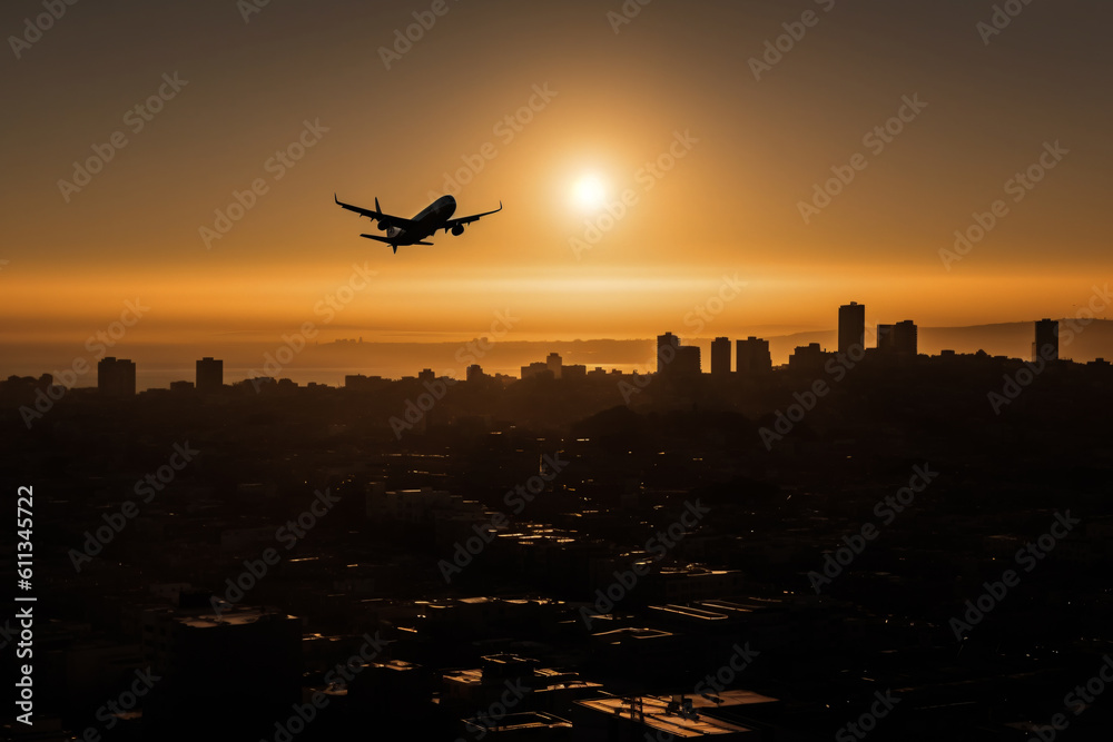Generative AI of Silhouette of an airplane flying over the city. Airplane, city, cityscape, sunset, fly, take off