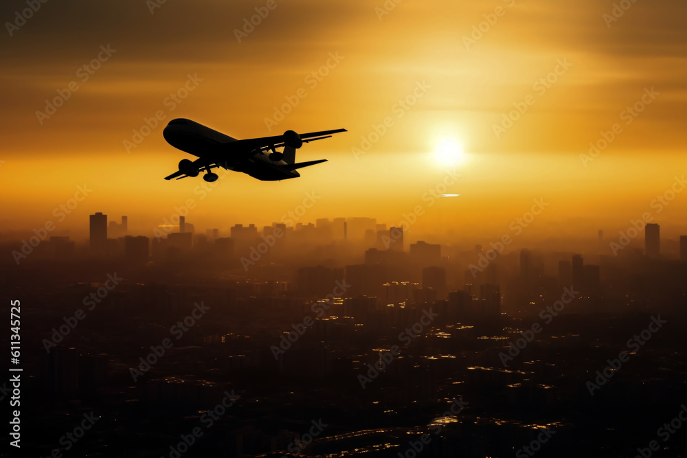 Generative AI of Silhouette of an airplane flying over the city. Airplane, city, cityscape, sunset, fly, take off