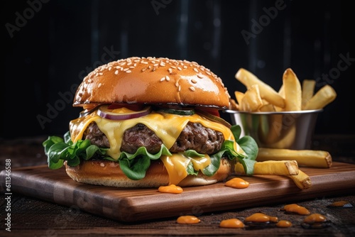 classic burger, with juicy beef patty and melted cheese, sitting on top of sizzling french fries, created with generative ai