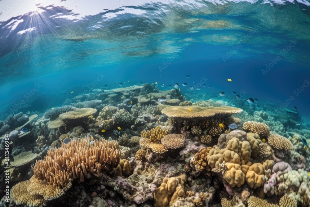 magnificent underwater scene with schools of fish and coral reef in the foreground, created with generative ai magnificent underwater scene with schools of fish and coral reef in the foreground, created with generative ai