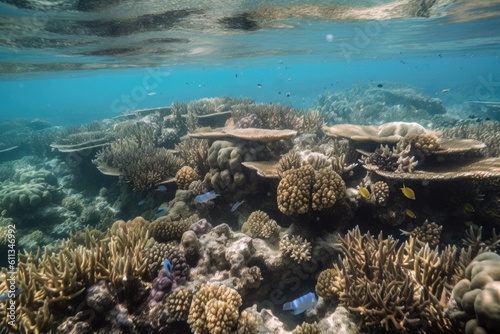 close-up of coral reef  with schools of fish and other marine life visible  created with generative ai