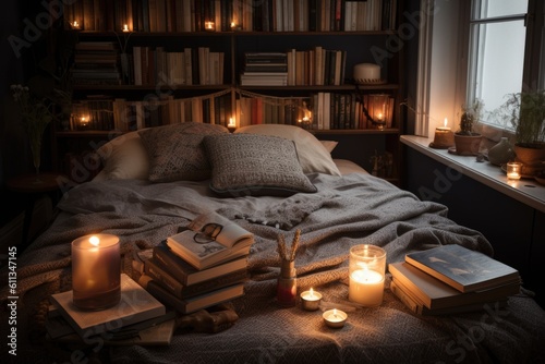 cozy reading nook filled with candles, books, and blankets, created with generative ai