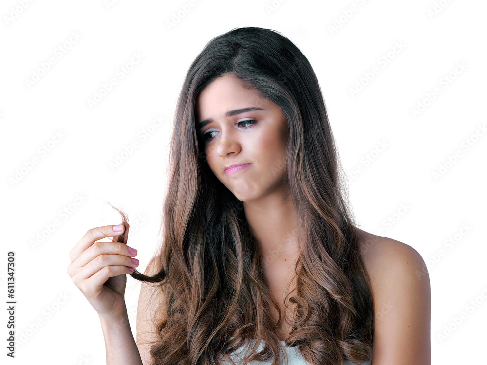 Isolated young woman, hair care and breakage with worry, shock and thinking by transparent png background. Girl, model and frustrated with hairstyle, beauty and damage with stress for cosmetics Isolated young woman, hair care and breakage with worry, shock and thinking by transparent png background. Girl, model and frustrated with hairstyle, beauty and damage with stress for cosmetics