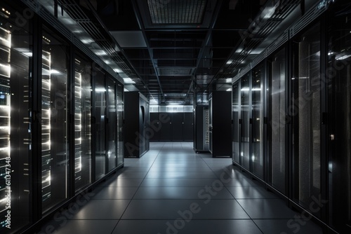 data center with floor-to-ceiling server racks, each populated with blinking lights, created with generative ai