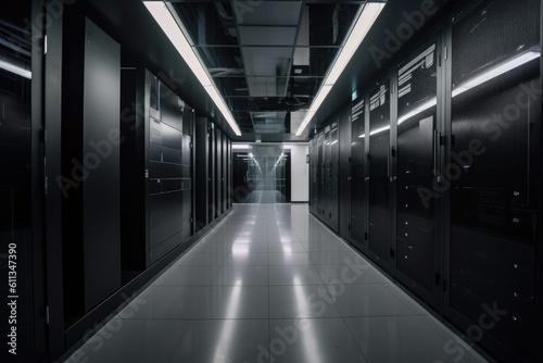 modern, sleek data center with minimalist design and cutting-edge technology, created with generative ai